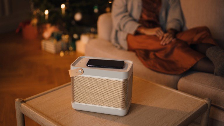 Bang & Olufsen Beolit 20 Bluetooth speaker in a living room
