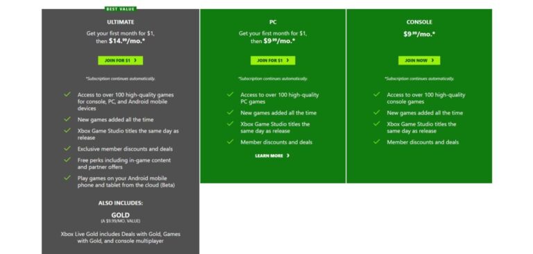 price comparison between xbox game pass and ultimate