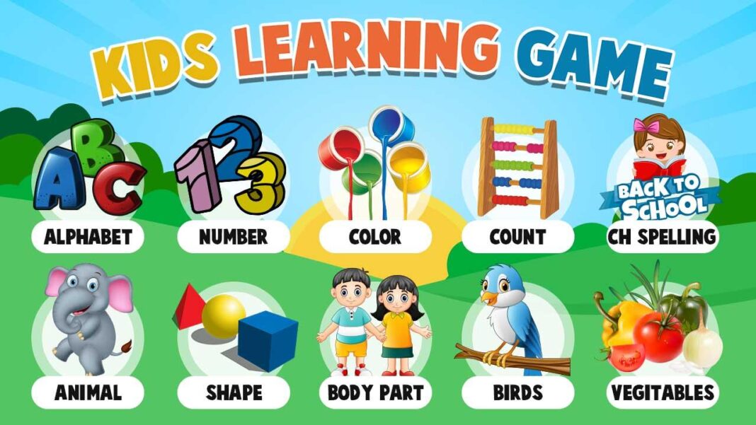  A colorful banner with the words 'Kids Learning Game' at the top. Below the banner, there are eight colorful circles with different animal-themed educational games for children.